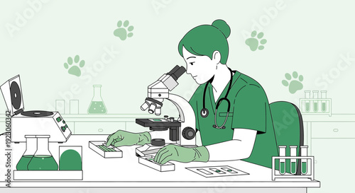 Veterinarian Performs Microscope Analysis in Animal Research Laboratory
