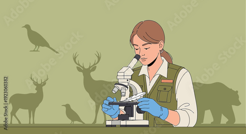 Wildlife Researcher Examining Feather Under Microscope in Lab