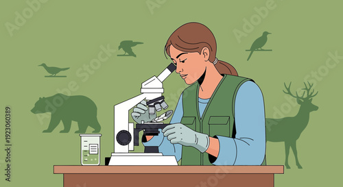 Wildlife Biologist Studying Samples with Microscope, Animals Background