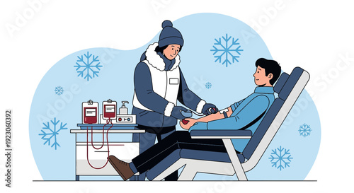 Winter Blood Donation: Donor and Nurse in Snowy Environment