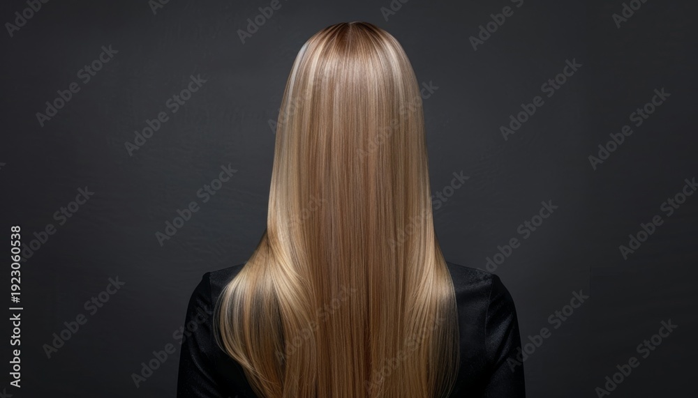 Naklejka premium Long, straight, silky hair flowing down the back against a dark background creates an elegant and modern hairstyle look