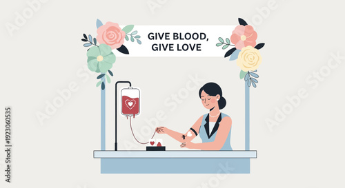 Woman donates blood at donation center with "Give Blood, Give Love" banner and floral decor