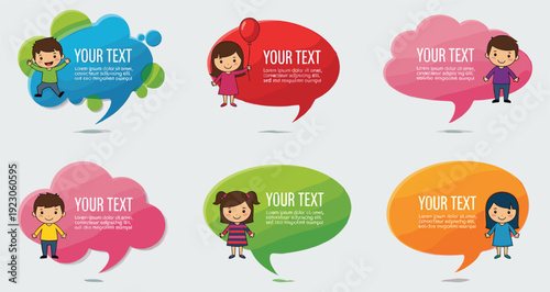 Cute kids with colorful speech bubbles, cartoon children characters template, vector illustration for communication, education, presentation, and design