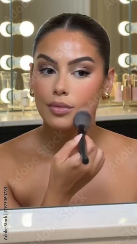 Young woman applying mascara and makeup with a brush in a close-up beauty and skincare scene