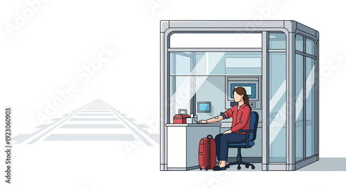 Woman working at a modern ticket booth with luggage, railway station background