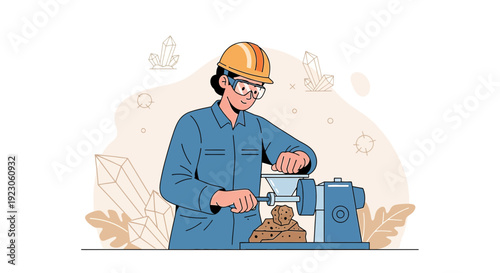 Worker in Hard Hat Operates Industrial Machine for Material Processing