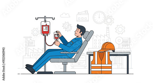 Worker Receives IV Drip Treatment in Industrial Factory Setting