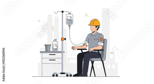 Worker Receiving IV Drip Infusion for Health Checkup or Treatment