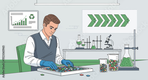 Scientist Sorting Pills In Laboratory, Healthcare Research Concept