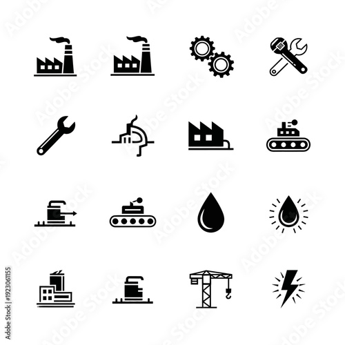 Industrial Icons Set Factory Machine Tools Industry Symbols.
