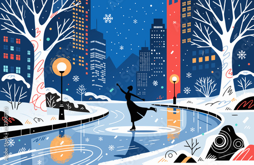 Graceful ice skater silhouette performing elegant pose in snowy cityscape winter evening soft falling snow glowing lights artistic scene