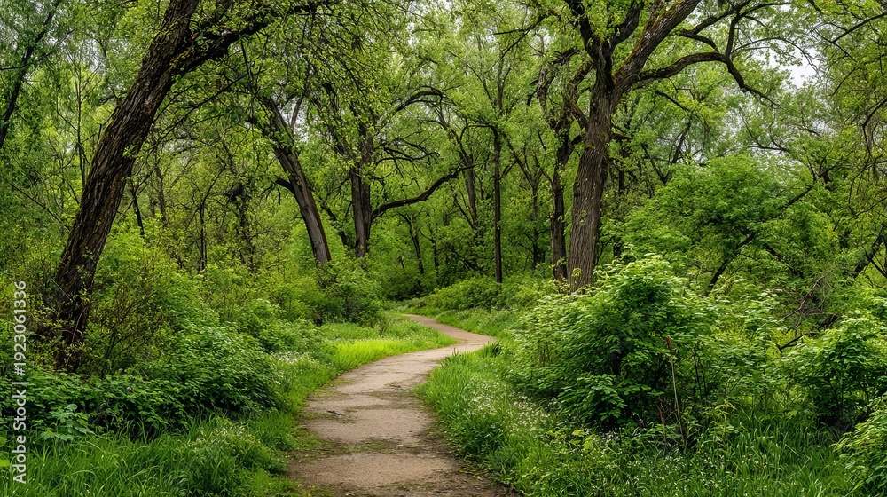 Fototapeta premium Path winds through green trees and bushes in spring woods.