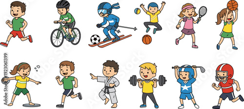 Kids playing different sports activities set, cartoon children exercising running cycling skiing basketball tennis vector illustration collection