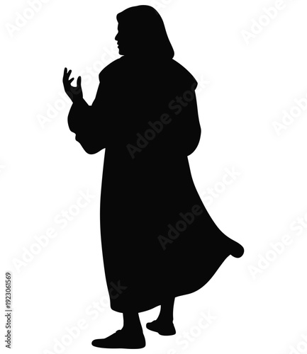 Muslim woman silhouette in traditional abaya and hijab, standing profile gesture black vector illustration isolated on white background