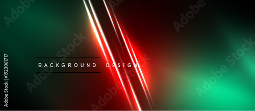 Dark futuristic backdrop. Vibrant neon lines intersect, creating dynamic visual effect. Green, red gradients dominate composition.