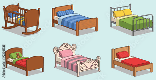 Various bed types collection, wooden crib single and metal frames, bedroom furniture vector illustration set isolated on white background