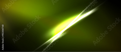 Abstract background features bright diagonal lines, glowing yellow center, dark green hues. Smooth gradients create dynamic visual effect.
