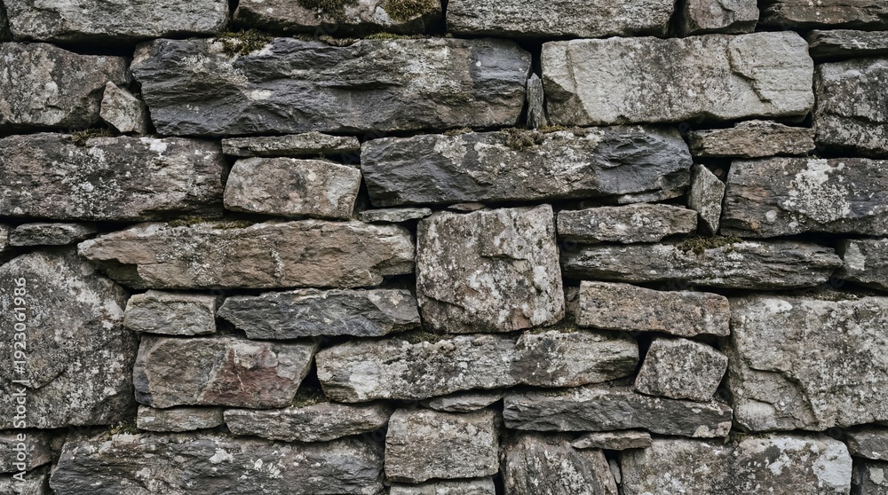 Fototapeta premium A detailed view of a rustic dry-stone wall composed of irregular grey and brown rocks fitted together without mortar with visible lichen and moss growth in the crevices