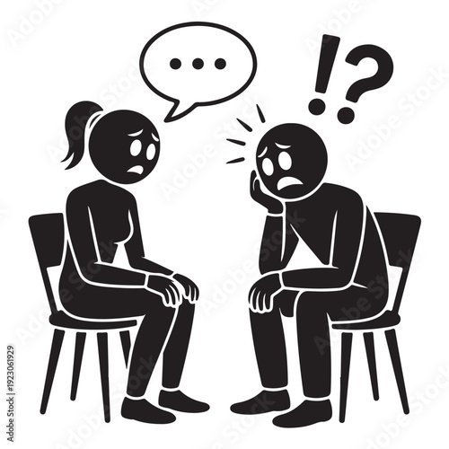 Psychological counseling session vector illustration, a stick figure man and woman talking, with speech bubble and thought bubble, signifying emotional help