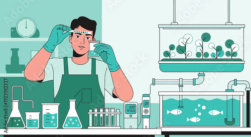 Scientist Conducting Water Quality Test in Laboratory with Aquarium Setup