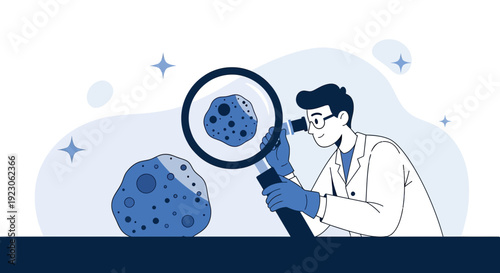 Scientist examining asteroid with magnifying glass and microscope, space exploration