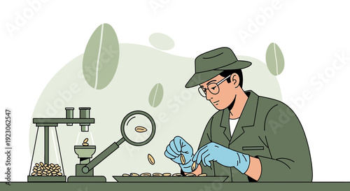 Scientist Examining Seeds Under Magnifying Glass and Microscope