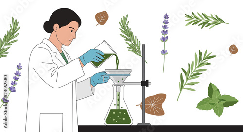 Scientist Filtering Liquid with Herbs and Botanicals in Laboratory