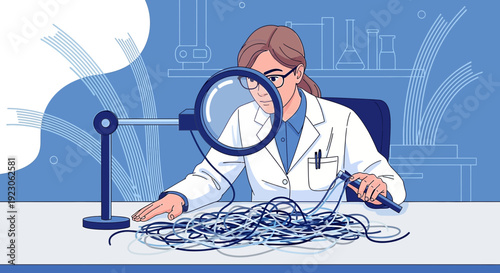 Scientist Examining Tangled Wires with Magnifying Glass in Laboratory