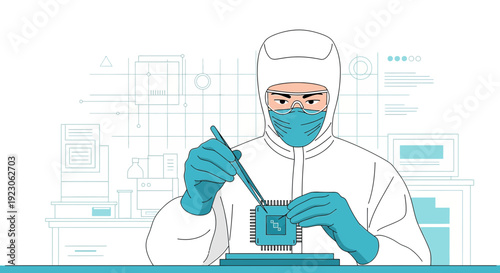Scientist in Cleanroom Working on Microchip Assembly and Semiconductor Manufacturing