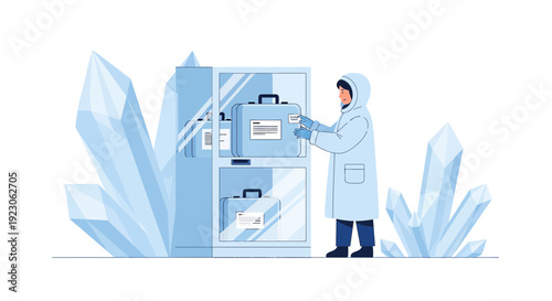 Scientist in Cold Storage, Handling Samples Amidst Ice Crystals