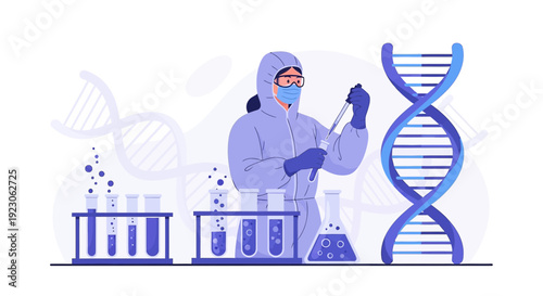 Scientist in Hazmat Suit Conducting DNA Research in Laboratory with Equipment