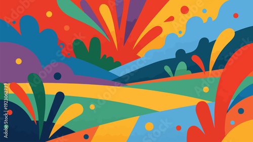 Abstract colorful landscape with rolling hills, dynamic shapes, and exploding color bursts in a vibrant, joyful, and energetic composition