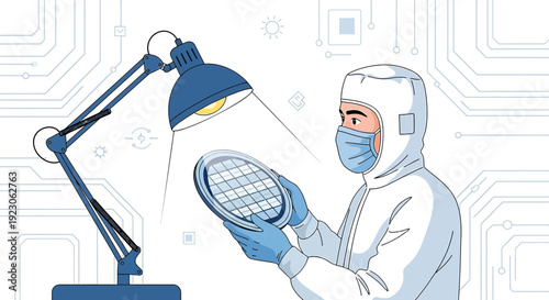 Scientist in Hazmat Suit Inspecting Semiconductor Wafer Under Desk Lamp