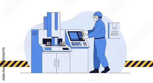 Scientist in Hazmat Suit Operating Advanced Medical Equipment in Laboratory