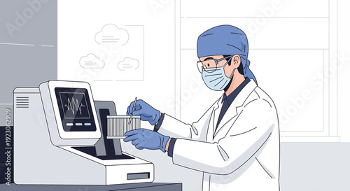 Scientist in Lab Coat and Mask Operating Medical Equipment for Testing