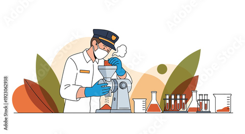 Scientist in Lab Coat and Mask Working with Equipment, Flasks and Test Tubes