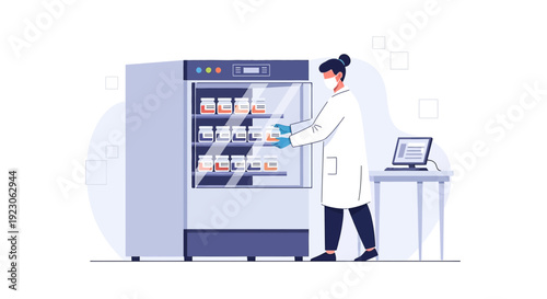 Scientist In Lab Coat Arranging Medical Supplies In Refrigerator