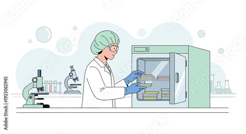 Scientist in Lab Coat Arranging Petri Dishes in Incubator, Microscopic Research