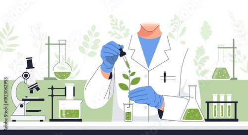 Scientist in Lab Coat Conducting Botanical Experiment with Dropper and Microscope
