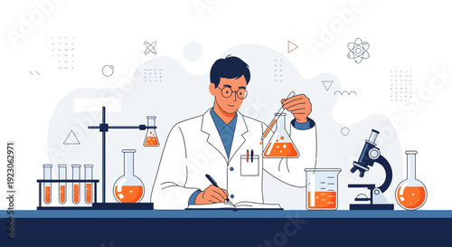 Scientist in Lab Coat Conducting Chemical Experiment with Beakers and Microscope