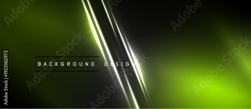 Abstract design features glowing lines, gradients. Dark background contrasts bright green, silver hues. Text reads background design.
