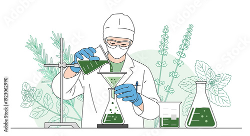 Scientist in Lab Coat Conducting Herbal Medicine Research with Herbal Plants