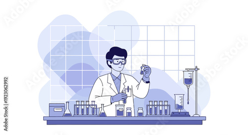 Scientist in Lab Coat Conducting Medical Research with Test Tubes and IV Drip