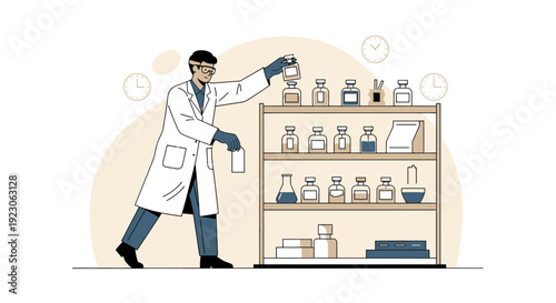 Scientist in Lab Coat Organizes Vials on Shelf, Medical Research Concept