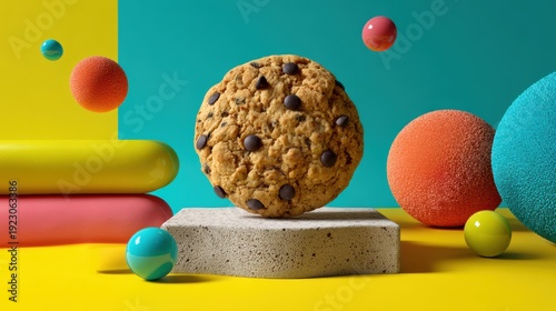 Wallpaper Mural giant cookie with planetary marbles on bold lemon background Torontodigital.ca