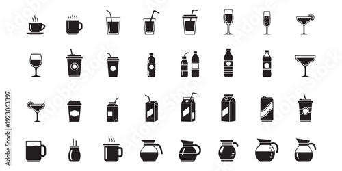 Solid black drink and beverage silhouette icon set 32 pieces