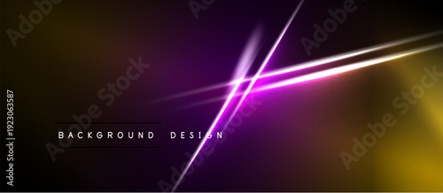 Abstract background features vibrant purple, gold gradients. Diagonal lines create dynamic light effects. Minimalist text reads background design.