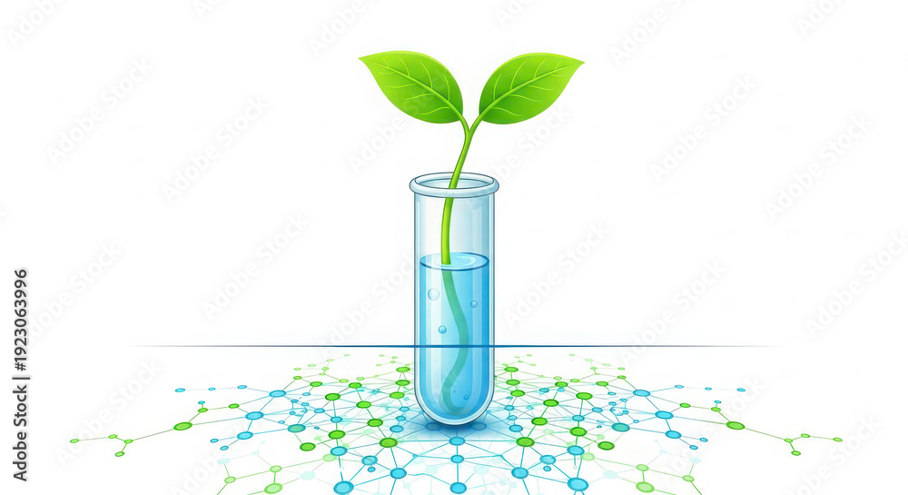 custom made wallpaper toronto digitalA green plant sprout growing in a test tube with blue liquid and molecular structures on a white bac