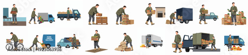 Collection Isometric of Man Deliverying Package Using Different Transportation