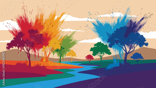 Abstract landscape with trees exploding in vibrant colors, a river flowing through a colorful valley under a dynamic sky with clouds